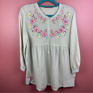 Johnny Was green blouse with pink embroidered flowers size large